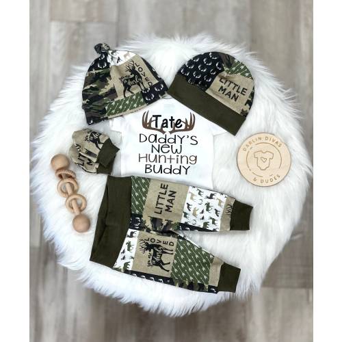 Boys Coming Home Outfit, Camo Deer Daddy's Hunting Buddy Personalized Baby Boy Outfit