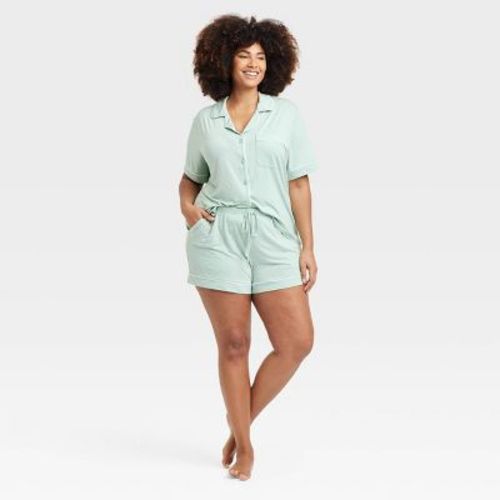 Women's Cloud Knit Short Sleeve Notch Collar Shirt and Shorts Pajama Gift Set - Auden™ Blue/Roses M