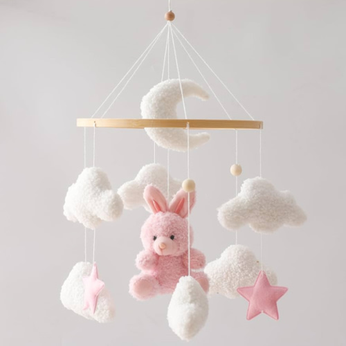 EERKEOD Baby Crib Mobile Bunny Nursery Mobile for Boys Girls Teddy Velvet Mobile Nursery Decor for Infant Bedroom Hanging Baby Mobile for Bassinet Newborn Baby Gift(Pink Bunny)