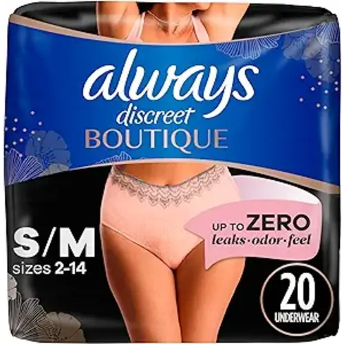 Always Discreet Boutique Adult Incontinence & Postpartum Underwear For Women, High-Rise, Size Small/Medium, Rosy, Maximum Absorbency, Disposable, 20 Count (Packaging May Vary)