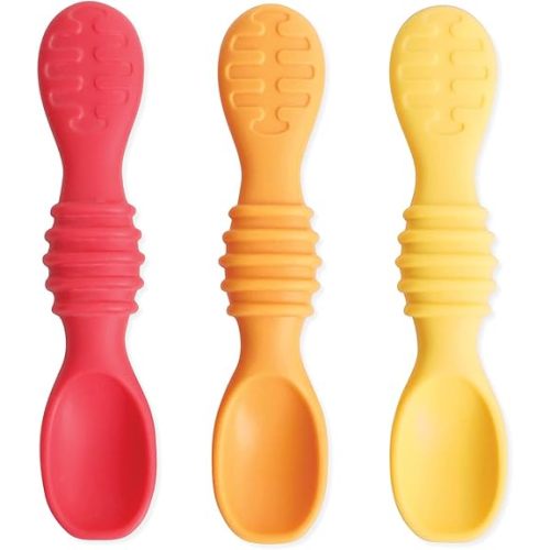Bumkins Baby Utensil Set, Silicone Trainer Spoons for Dipping, Soft Tip, Self-Feeding, Chew, Baby Led Weaning, First Year Training Supplies, Essentials in Learning Eating, 4 Mos, 3-pk Red and Yellow