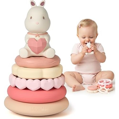 Moonkie Bunny Baby Stacking Toys | 7-Piece Silicone Rings for Teething Relief | Educational Toy for Infants & Toddlers 6 Months+ | Baby Shower or Birthday Gift for Girls