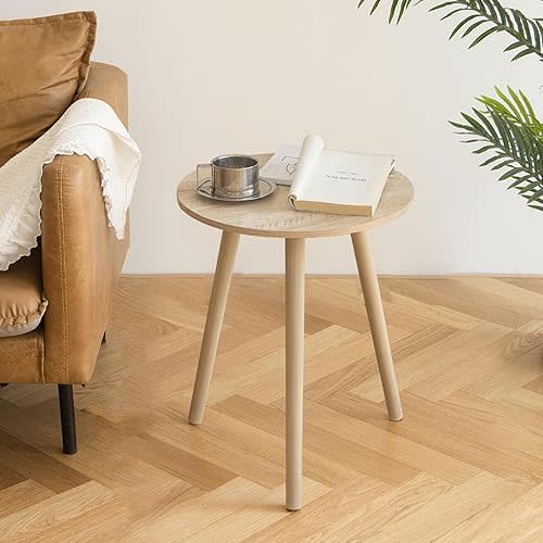 AWASEN Round Side Table, Modern Small End Table for Living Room, Wood Accent Table Small Drink Table for Small Space with Solid Wood Legs, Easy Assembly, Rustic White Oak