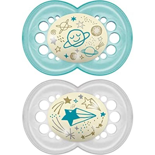 MAM Night Pacifiers (2 Count), MAM Pacifiers 6+ Months, Best Pacifier for Breastfed Babies, Glow in The Dark Pacifier, Baby Unisex Pacifier, 6-16 (Pack of 2)