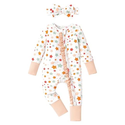 PATPAT Baby Girl Boy Clothes Newborn Infant Footie – Soft Viscose from Bamboo– 2-Way Zipper, Fold-Over Mitten, Ruffle Trim