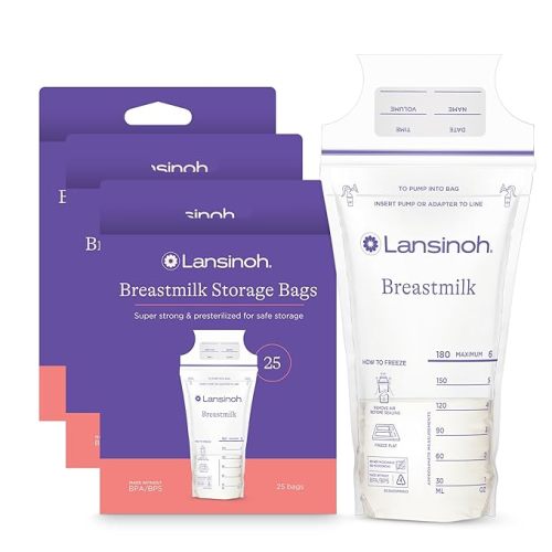 Lansinoh Breastmilk Storage Bags, 75 Count, Easy to Use Breast Milk Storage Bags for Feeding, Baby Essentials, Presterilized, Hygienically Doubled-Sealed for Freezing & Refrigeration, 6 Ounce - 75.0
