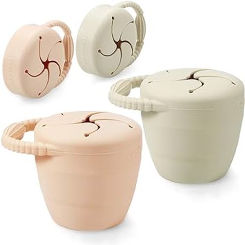 PandaEar Silicone Snack Containers, Collapsible Toddler Snack Cups Spill Proof Food Catcher for Toddler Baby, Pack of 2 (Pink & Linen)