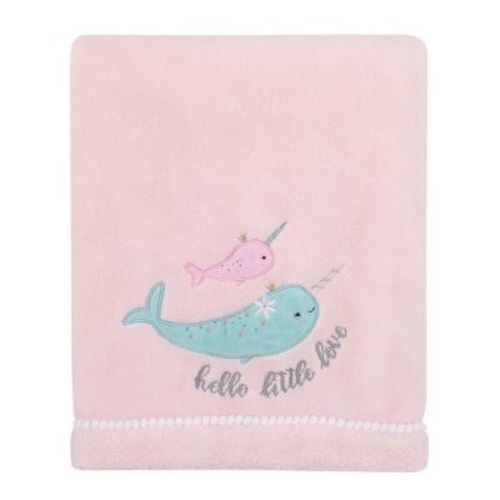 NoJo Under the Sea Whimsy Pink and Blue Narwhals Super Soft Appliqued Baby Blanket
