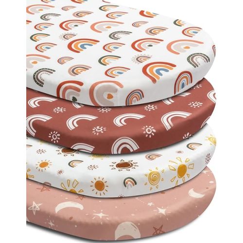 4 Pack Bassinet Sheets Boho Nursery Sheets Sunshine and Rainbow Desdign Neutral Unisex Fitted Baby Bassinet Sheets for Baby Boys or Girls (Bassinet Sheets)