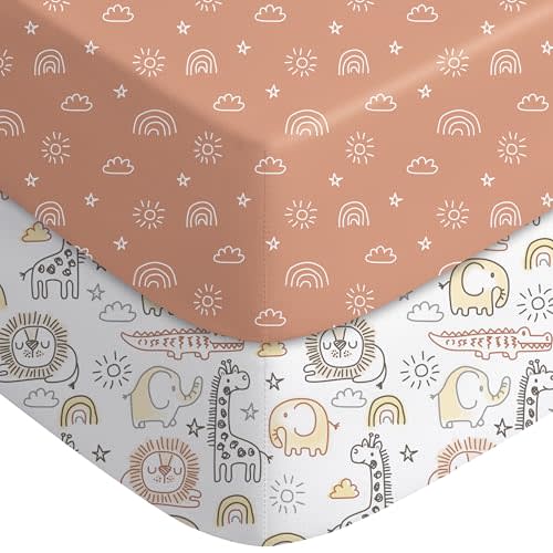 Yoofoss Baby Crib Sheets for Boys Girls, Fitted Crib Sheet 2 Pack for Standard Crib and Toddler Mattress, Super Soft Microfiber Baby Sheet 28x52x8in Animal World