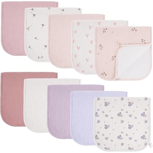 Bearmoss 10 Pack Muslin Burp Cloths, Soft Absorbent Baby Burping Cloths for Unisex Boys and Girls, Newborn Essentials Large Extra Washcloths, 20x10 inches (Pink Purple)