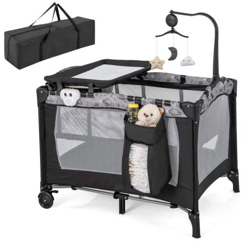 Yardi Yard Portable Baby Playard with Changing Table Bassinet and Music Box-Gray, Baby Bed for Babies and Toddlers
