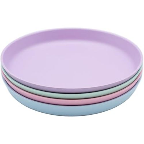 WeeSprout Bamboo Plates, Set of 4, Kid-Sized Dinnerware, Dishwasher Safe Melamine Dishware (Pastel Blue, Mint, Purple & Pink, Without Lids)