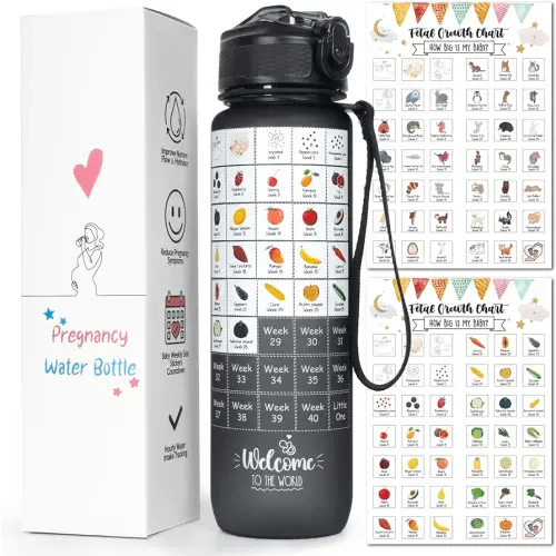 Pregnancy Water Bottle Tracker(Black), 1st Trimester Pregnancy Must Haves Gift for First Time Moms, with 2 Different Weekly Stickers, Early Essentials Gifts for Pregnant Women, Maternity, BPA Free