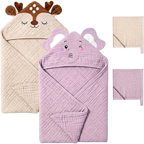 CandyHome 4 Pack Muslin Baby Towels for Newborn Set, 100% Cotton 2 Hooded Baby Bath Towels 32x32" with 2 Washcloths 10x10", Super Soft Absorbent Infant Toddler Bath Essentials Gifts, Elephant & Deer