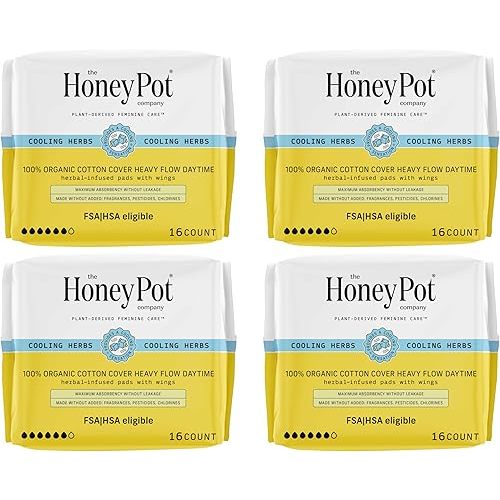 The Honey Pot Company - 64ct - Herbal Sanitary Pads for Women - Heavy Flow w/Wings - Infused w/Essential Oils for Cooling Effect & Organic Cotton Cover - Feminine Care - FSA & HSA