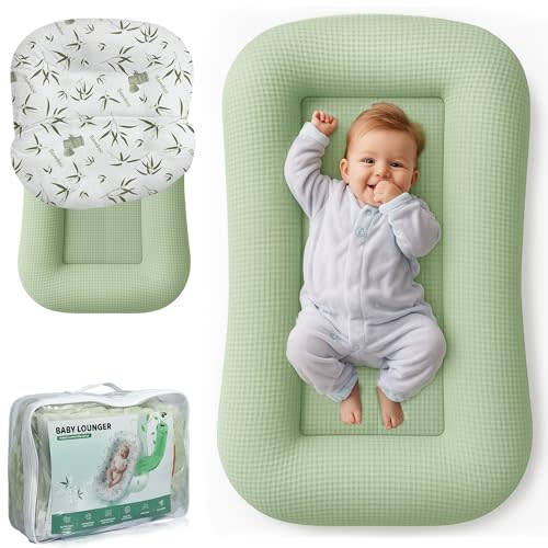 Baby Lounger for Newborn - Infant Lounger 0-24 Months with Lounger Cover, Cooling Baby Nest Lounger, Breathable Waffle Fabric & 3D Support, Portable Newborn Essentials, Green