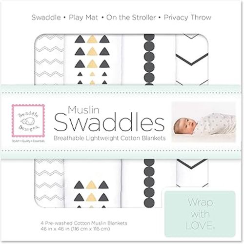 SwaddleDesigns Cotton Muslin Swaddle Blankets, Set of 4, Receiving Blankets for Baby Boys & Girls, Best Shower Gift, 46x46 inches, Gold & Graphite