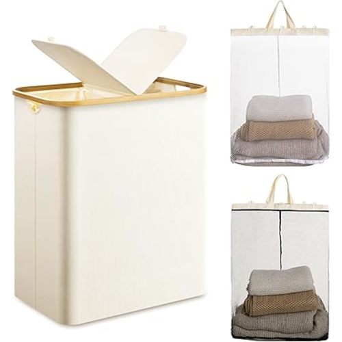 HBlife 145L Extra Large Double Laundry Hamper with Lid and Removable Inner Bag, 2 Section Collapsible Dirty Clothes Basket Organizer for Bathroom, Bedroom and Laundry Room, Beige