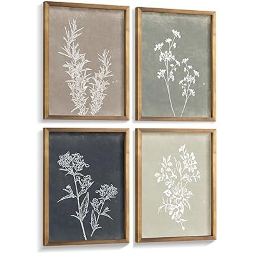 Framed Boho Wall Art Set of 4 for Wooded Minimalist Botanical Print Wall Art for Rustic Vintage Farmhouse Home Kitchen Wall Decor (Brown, 8"x10")