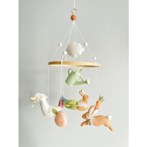 Garden rabbit crib mobile,Garden rabbit nursery mobile,Garden rabbit felt mobile,Mobile with rabbit in the garden,Neutral gender crib mobile