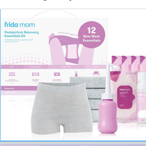 Frida Mom 11pc Postpartum Essentials Kit Gift Set, Hospital Bag Must Haves for New Mom, Includes 4 Disposable Postpartum Underwear, 4 Ice Maxi Pads, Perineal Healing Foam & 24 Pad Liners & Peri Bottle