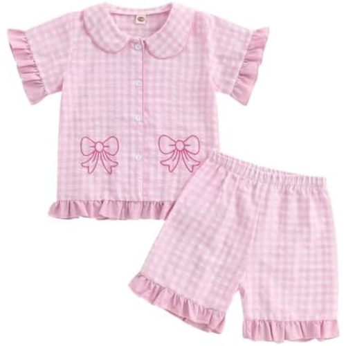 Baby Girl Ruffle Pajamas Set Short Sleeve Button Shirt Top Shorts 2 Piece PJ Set Toddler Sleepwear