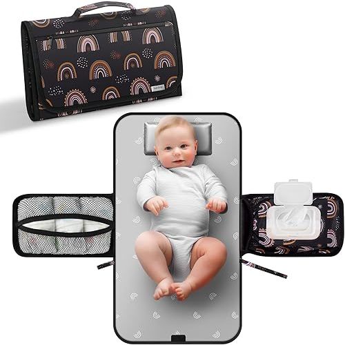 Babebay Portable Diaper Changing Pad, Travel Baby Changing Pad with Wipes Pocket, Changing Pad for Newborn Girl & Boy, Waterproof Portable Changing Mat, Boho Rainbow Sun