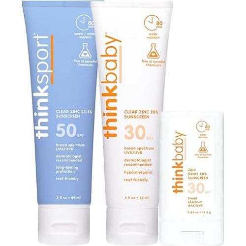 Thinkbaby SPF 30 Sunscreen Stick 0.64 Oz + Thinkbaby SPF 30 Clear Zinc Sunscreen 3 Oz. + Thinksport SPF 50 Clear Zinc Sunscreen 3 Oz.