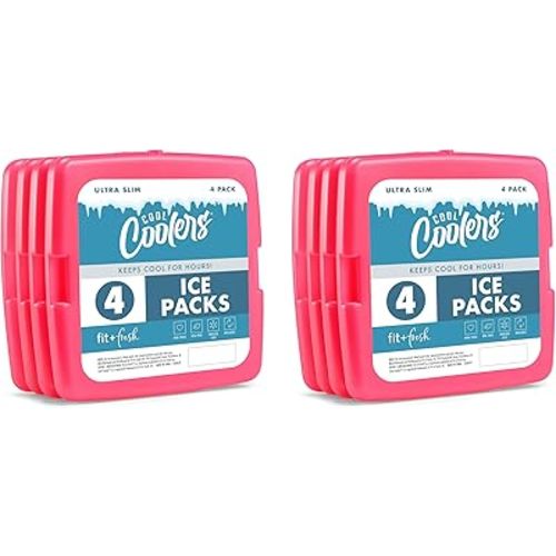 Cool Coolers by Fit + Fresh, Reusable & Long-Lasting Slim Ice Packs, Cold Packs for Lunch Boxes, Ice Packs for Lunch Bags, Pink 8 Pack