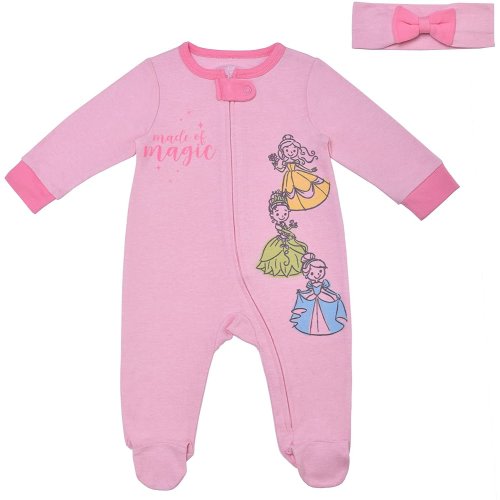 Disney Princess Girl's Made of Magic Footed Coverall Bodysuit Onesie with Bow Headband