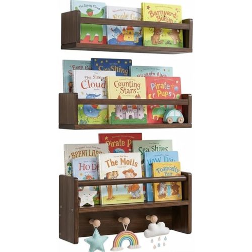 AZSKY 16 Inch Nursery Book Shelves Wall Floating Bookshelf with Hook Deep Walnut Hanging Book Shelf Toddler Room for Kids Room Bedroom Bathroom Living Room Kitchen Set of 3