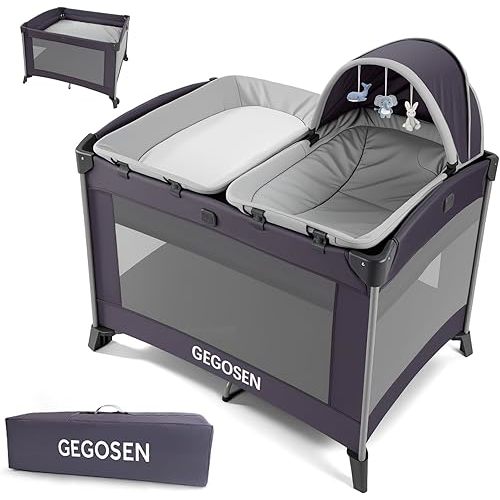 Portable Baby Playard 4 in 1 Design, Foldable Baby Playpen with Removable Bassinet, Canopy and Changing Table, Infant Playrad, Nursery Center Travel Crib (Toys Not Included)