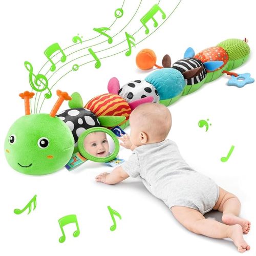 Baby Toys Sensory Musical Animal Stuffed Toy for Infant 0-3-6-12 Months Tummy Time Newborn, Plush Caterpillar with Mirror,Crinkle,Rattle Teething Toys for Baby Boys Girls Shower Gifts, Green