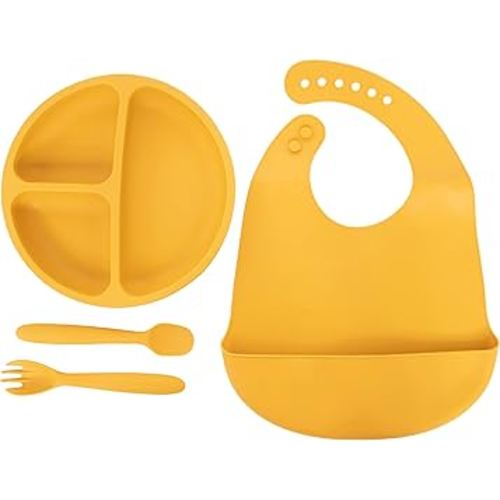 Lila & Jack- 4PC Silicone Baby Meal Set- BPA Free, Non Toxic, 100% Food Grade Silicone. Includes Sectioned Plate, Spork, Spoon, and Bib (Mustard),AT1748