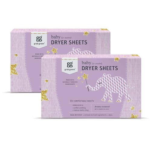 Grab Green Baby Laundry Dryer Sheets, 160 Sheets, Dreamy Rosewood Scent, Plant and Mineral Based, Compostable, Softens Clothing and Linens, Reduces Static Cling
