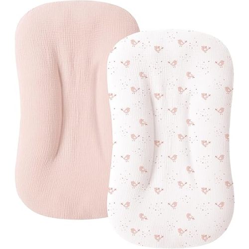 Muslin Baby Lounger Cover for Newborn & Infant, 100% Cotton Soft and Breathable Lounger Slipcover for Baby Girls and Boys, Pack of 2 (Pink Blossom)