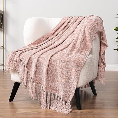 Pavilia Blush Pink Throw Blanket for Couch & Sofa, Chenille Knit Woven Blanket with Tassel, Decorative for Chair & Living Room, 50x60