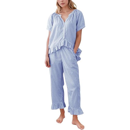 PEHMEA Womens Plaid 2 Piece Cotton Gingham Pajama Sets Short Sleeve Babydoll Shirt Ruffle Pants Y2K Lounge PJS Cute Sleepwear