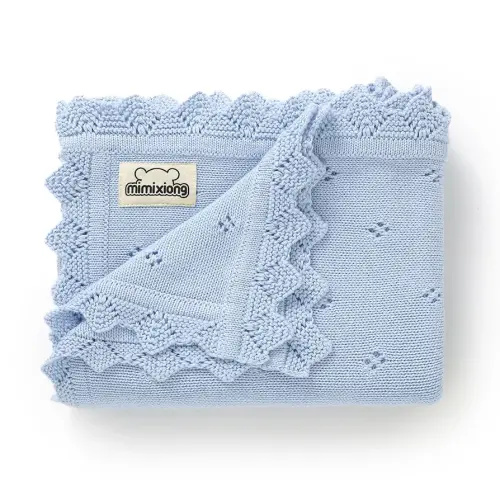 mimixiong Cotton Baby Blanket Knitted Crochet Receiving Crib Nursery Swaddling Blankets for Newborn Baby Boy Girl 30x40 Inch (LightBlue)