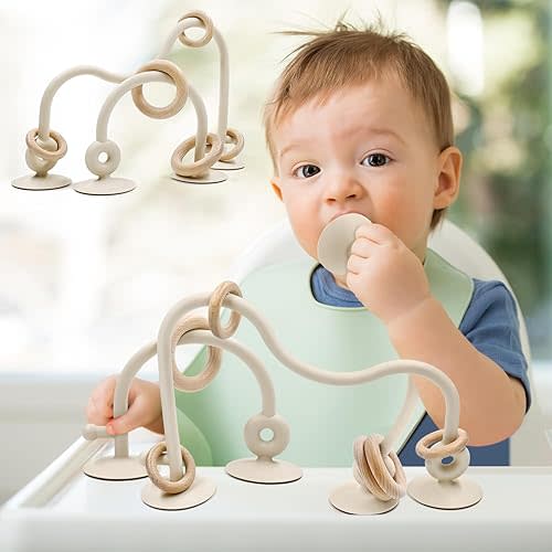 Baby Sensory Teething Chew High Chair Suction Toys for Infant Toddlers 6 12 18 24 Months, Food Grade Silicone Teether with Oak Loop Montessori Educational Baby Bath Toy Gifts (Beige)