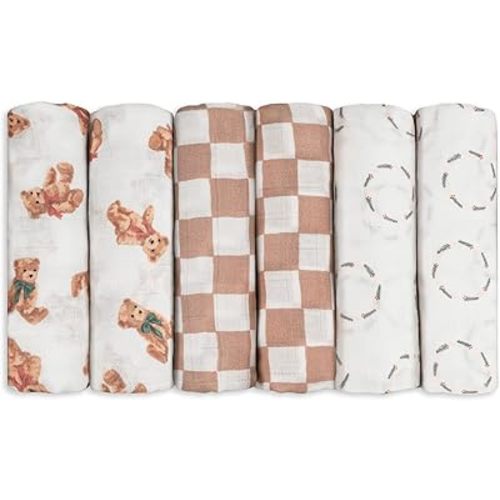 GLLQUEN BABY Receiving Blanket Boy Cotton Muslin Swaddle Blankets Girl Newborn Squares Breathable & Soft Thin Baby Blankets Cloths Double Absorbent Infant Swaddling Wrap - 6 Pack (Christmas Bear)