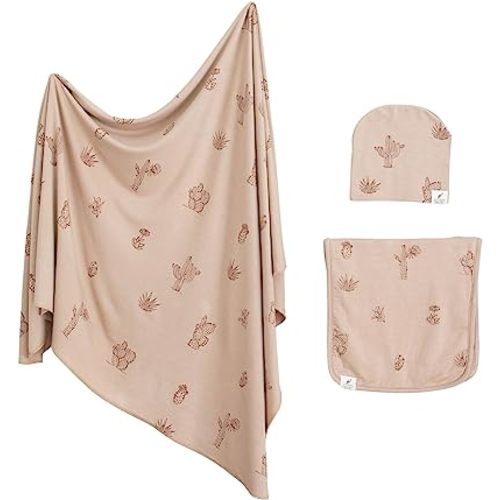 Leyl&Ari Newborn Essentials | Swaddle Blanket Burp Cloth Hat Set (Daises/Butterflies) (Cactus Set)