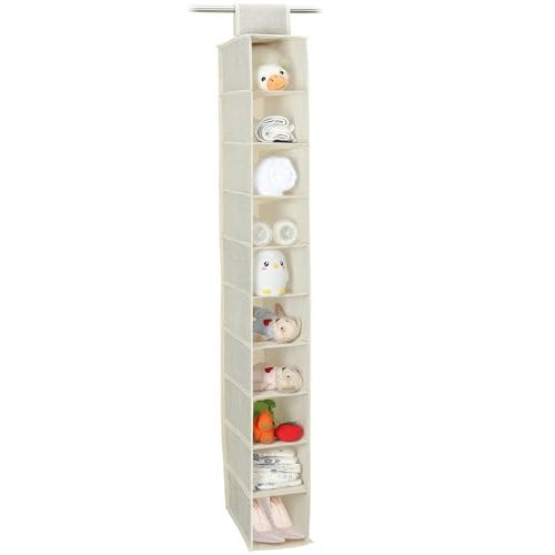 NEATJELAI Hanging Shoe Organizer 10 Tier Hanging Shelves for Closet Organizers and Storage System,Foldable Design, for Wardrobe, Baby Clothes Organization and Storage,Beige