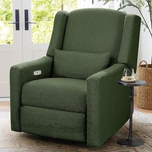 Power Recliner Chair Swivel Glider, Large Rocker Recliner w/USB Charging Port, Boucle Upholstered Swivel Rocker Glider Recliner for Nursery,Bedroom,Living Room,1PC, Green