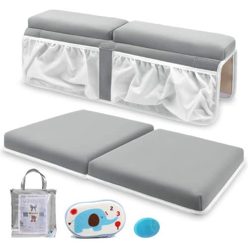 Bath Kneeler and Elbow Rest Set Baby Bath Kneeling Pad, Thick Non-Slip Bathing Kneeling Mat Cushion Quick Drying Bathtub Knee Saver with Arm Support and Pockets for Bathroom Bathing time Comfort, Gray - Grey