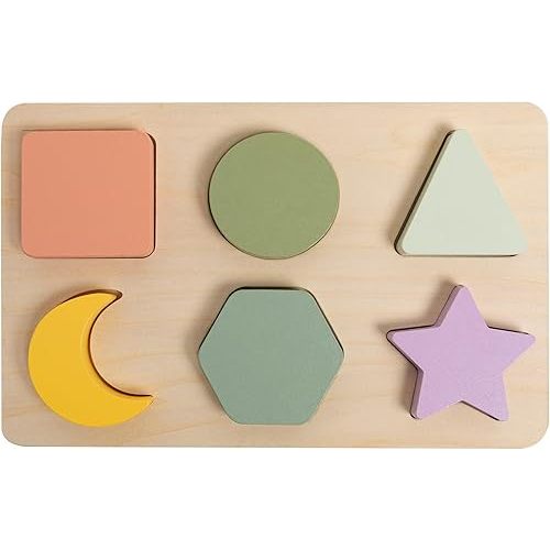 Pearhead Wooden Shapes Puzzle, Early Developmental Montessori Colors and Shapes Toy, Easter Basket Gift, Interactive Learning Games for Baby and Toddler, 6 Shapes Included, FSC Certified