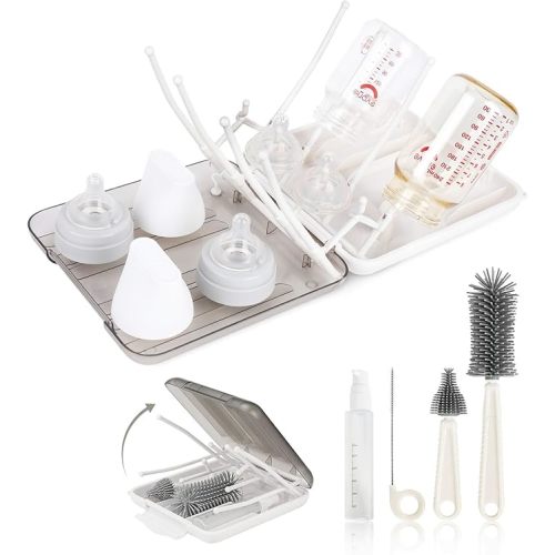 Baby Bottle Brush Set, 6-in-1 Travel Bottle Cleaner Kit with Silicone Bottle Brush, Nipple & Straw Brush, Soap Dispenser, Drying Rack, Storage Box – Compact Baby Travel Essential for Home & On-The-Go