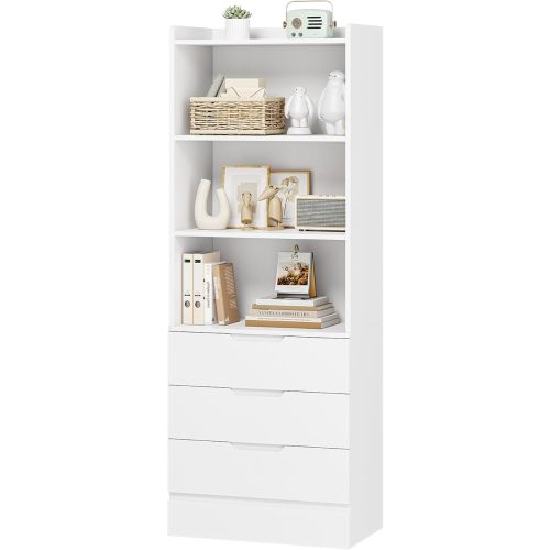 DICTAC 73.23'' Tall Storage Cabinet Bookcase with 3 Drawers and 3-Tier Open Shelves Wooden Bookshelf Kitchen Pantry Storage Organizer Cabinets for Living Room, Study, Kitchen,Bathroom,White