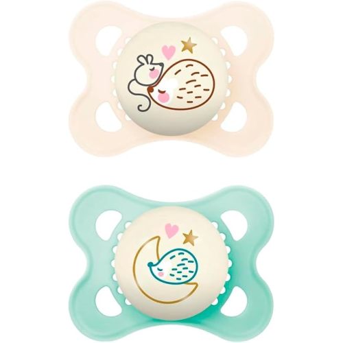 MAM Night Pacifiers (2 Pacifiers & Sterilizing Box), MAM Pacifiers 0-6 Months, Best Pacifier for Breastfed Babies, Unisex, Glow in the Dark Pacifier
